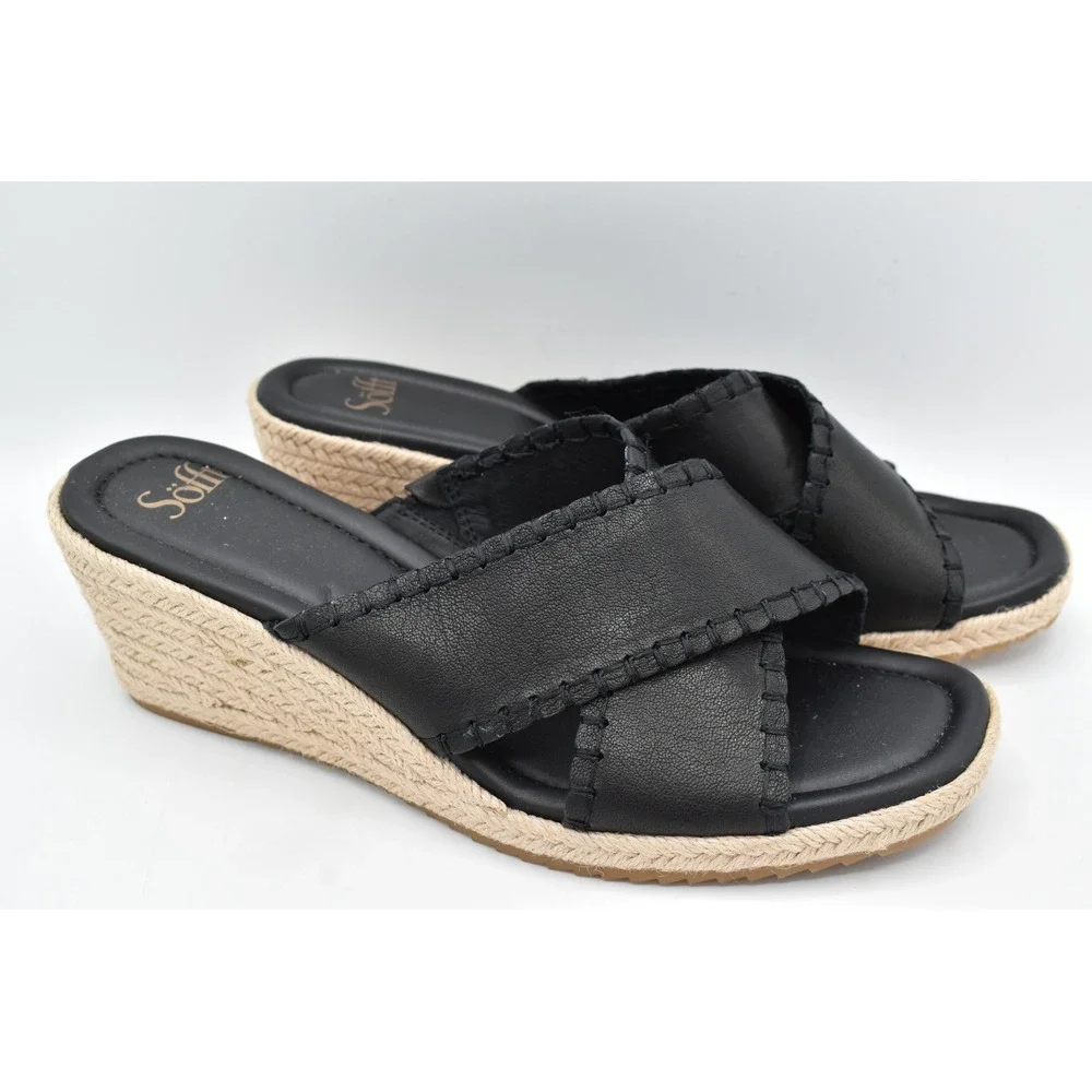 Sofft Women 9.5 Indie Black Leather Crisscross Espadrille Wedge Sandals Shoes